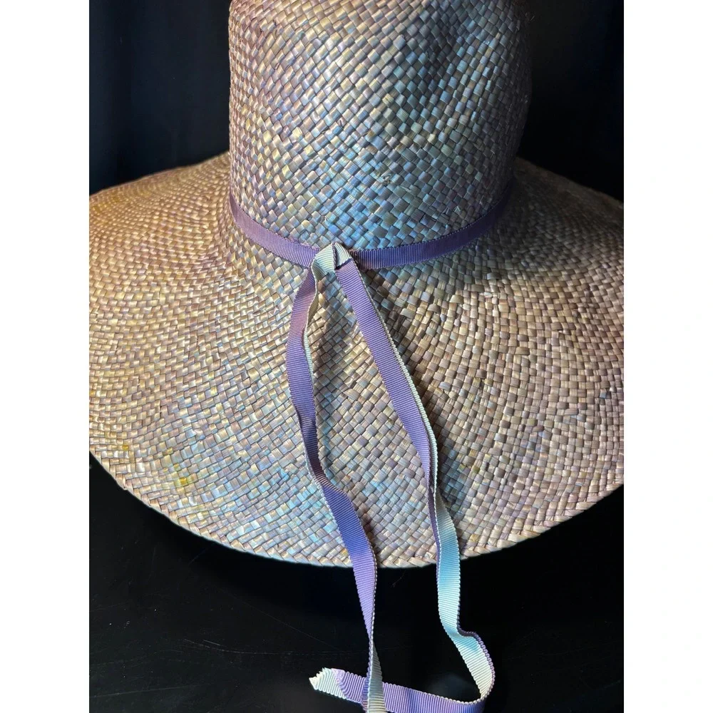 Betmar New York Iridescent Woven Straw Wide Brim Sun Hat Purple Ribbon Accent